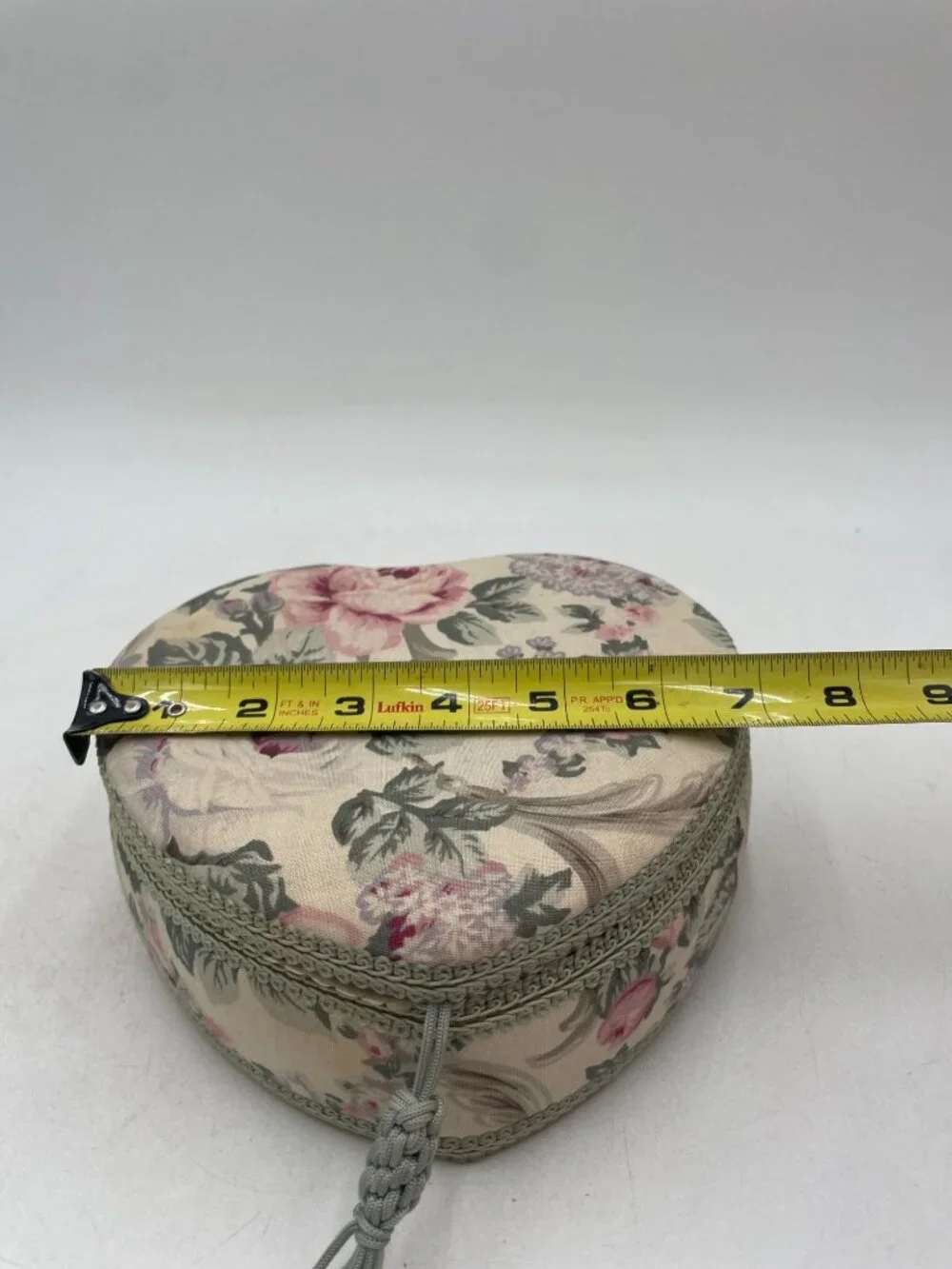 Heart-Shaped Floral Fabric Jewelry Box With Crocheted Lady Pink & Mint Green 7